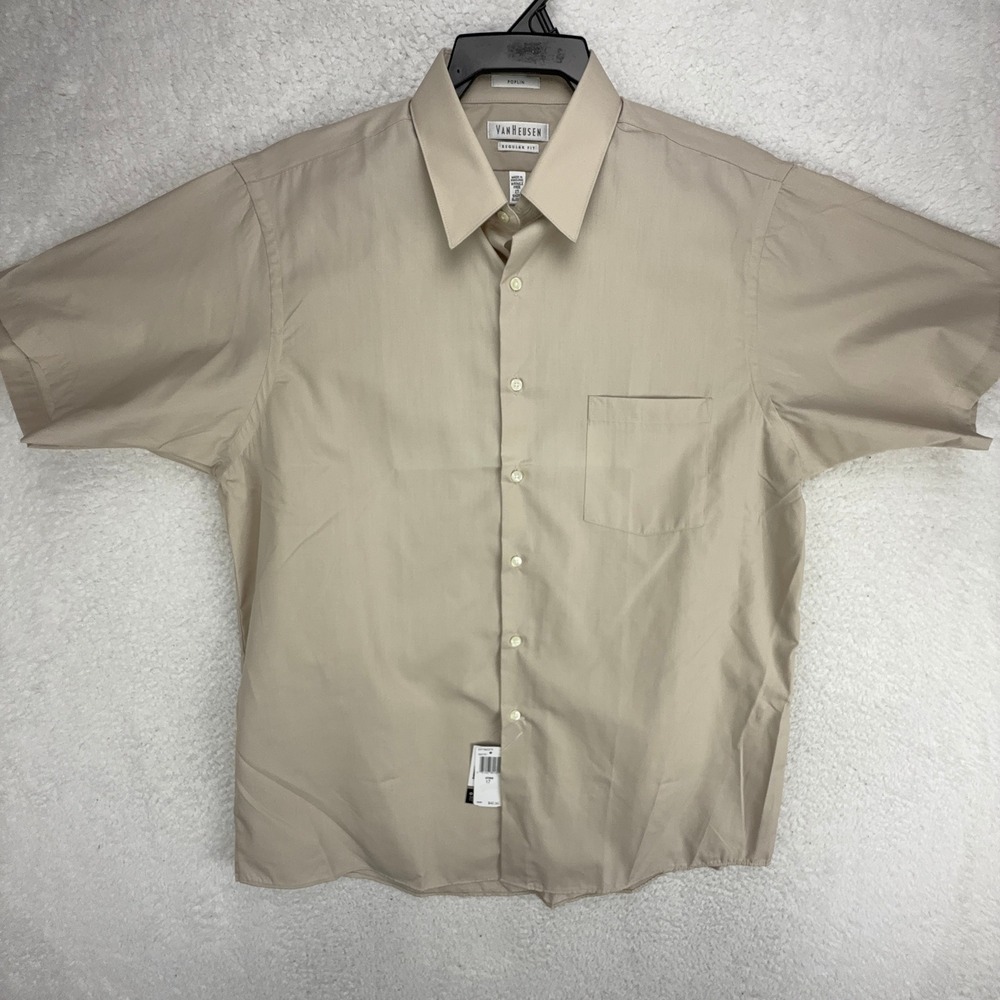 Van Heusen Mens 17 Short Sleeve Poplin Dress Shirt Tan Regular Fit Wrinkle Free